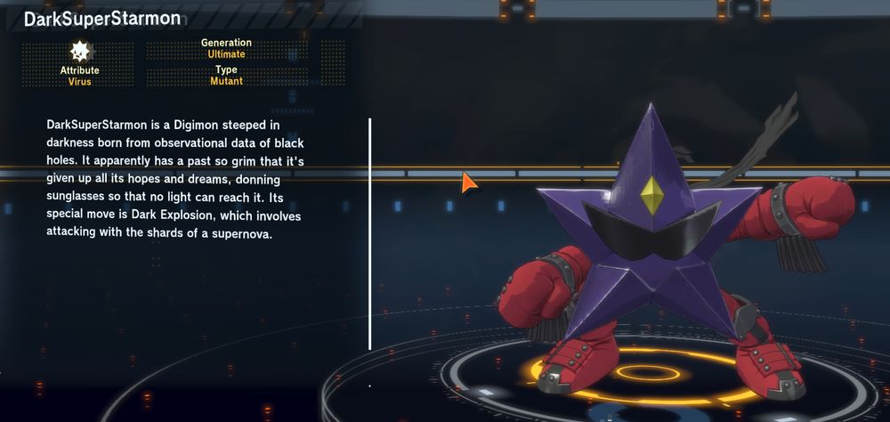 digimon time stranger field guide entry for DarkSuperStarmon that reads "DSStarmon is a Digimon steeped in darkness born from observational data of black holes. It apparently has a past so grim it has given up all its hopes and dreams, donning sunglasses so that no light can reach it. Its special move is Dark Explosion, which involves attacking with the shards of a supernova."