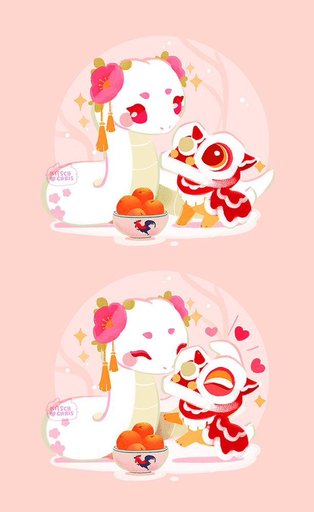 a two-panel illustration of a large white snake, adorned with flowers, and a small lion, depicted in chinese lion dance costume style, set against a pink background. the top panel shows the lion eagerly presenting the snake with a bowl of mandarin oranges as the snake looks on. the bottom panel shows the snake affectionately patting the lion with its tail end as the lion happily jumps with joy.
