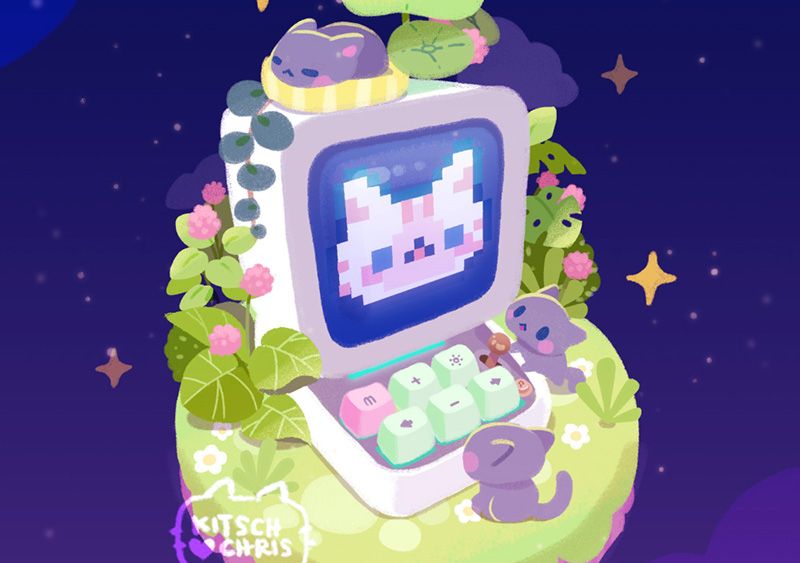 An animated illustration of a floating island in space among twinkling stars. On the island is a Divoom Ditoo Pro speaker, blooming with plants, its screen displaying a pixel-style cat head. There are 3 grey kittens around the Ditoo Pro - one napping on top of the speaker and the other two gazing curiously at the pixel cat on the screen.