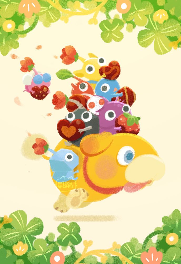 An illustration of characters from the ‘Pikmin’ game series. Oatchi, the yellow two-legged space dog, is running with his tongue out, carrying six Pikmin on his back (a Purple, Rock, White, Blue, Red, and Yellow). They are each holding a piece of chocolate, except for the White Pikmin, who is clutching Purple, who is holding a chocolate-dipped strawberry. An Ice Pikmin clings onto Oatchi’s side, while a Pink Pikmin flies behind, carrying a heart-shaped chocolate. Flower petals from their blooms scatter in the air behind them.