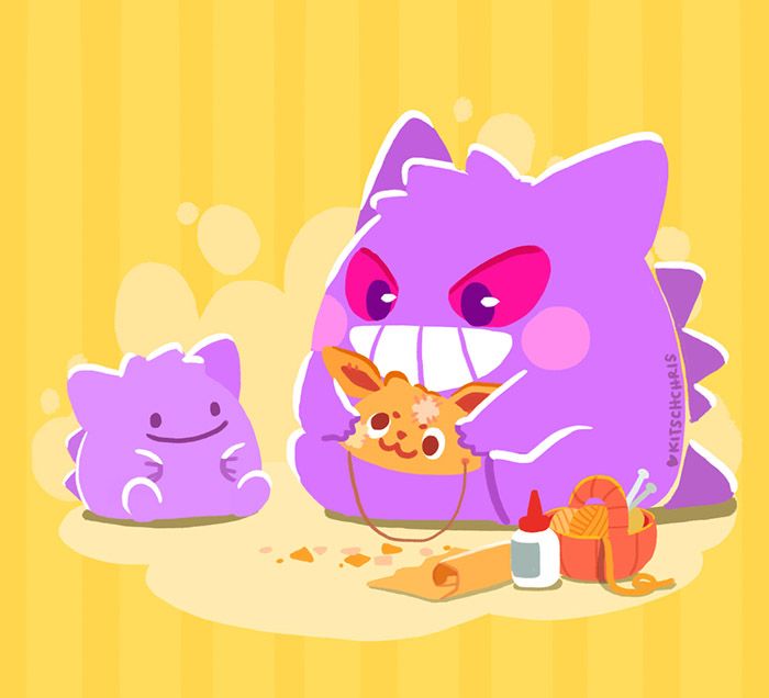 An animated illustration showing the Pokémon character Gengar making an Eevee hat from felt and glue for his 'son', a little Gengar-transformed Ditto. They are sitting on the floor, surrounded by crafting supplies. Gengar proudly holds up his crafted Eevee hat, pasted with felt patches, a wobbly googly eye and floppy ears. He presents it to his 'son', who very innocently misinterprets that Gengar wants him to transform into an Eevee. Ditto-Gengar shapeshifts into Eevee, then noticing the hat's homemade quirks, adjusts his face to imitate the hat's patchy look and malfunctioning googly eye. Gengar, who has completely no idea that his 'son' is actually a Ditto, is taken aback by the transformations.