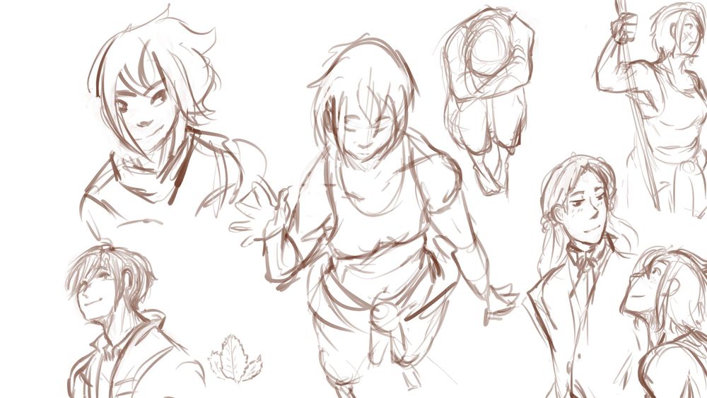 Sketches of various poses of woman with short hair in a rolled down and tied overalls. There is also a one of the woman looking at Gust from my time at portia and Mint of the same game.