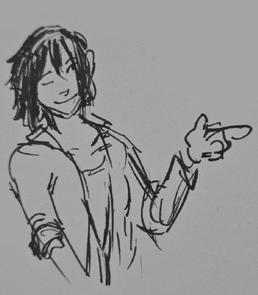 Girl winking while doing a loose pointing gesture. Ink and paper doodle