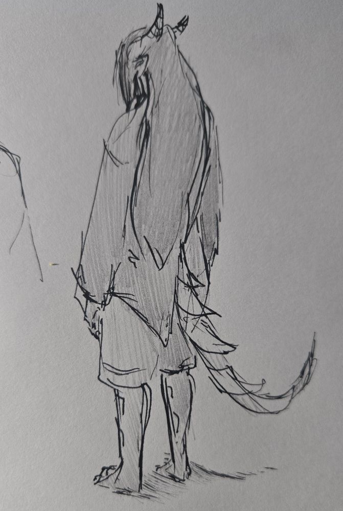 Behind view humanoid figure in loose clothing with a spikey tail and horns. Caldarus from Field of Misteria. Ink, pencil, and printer paper.