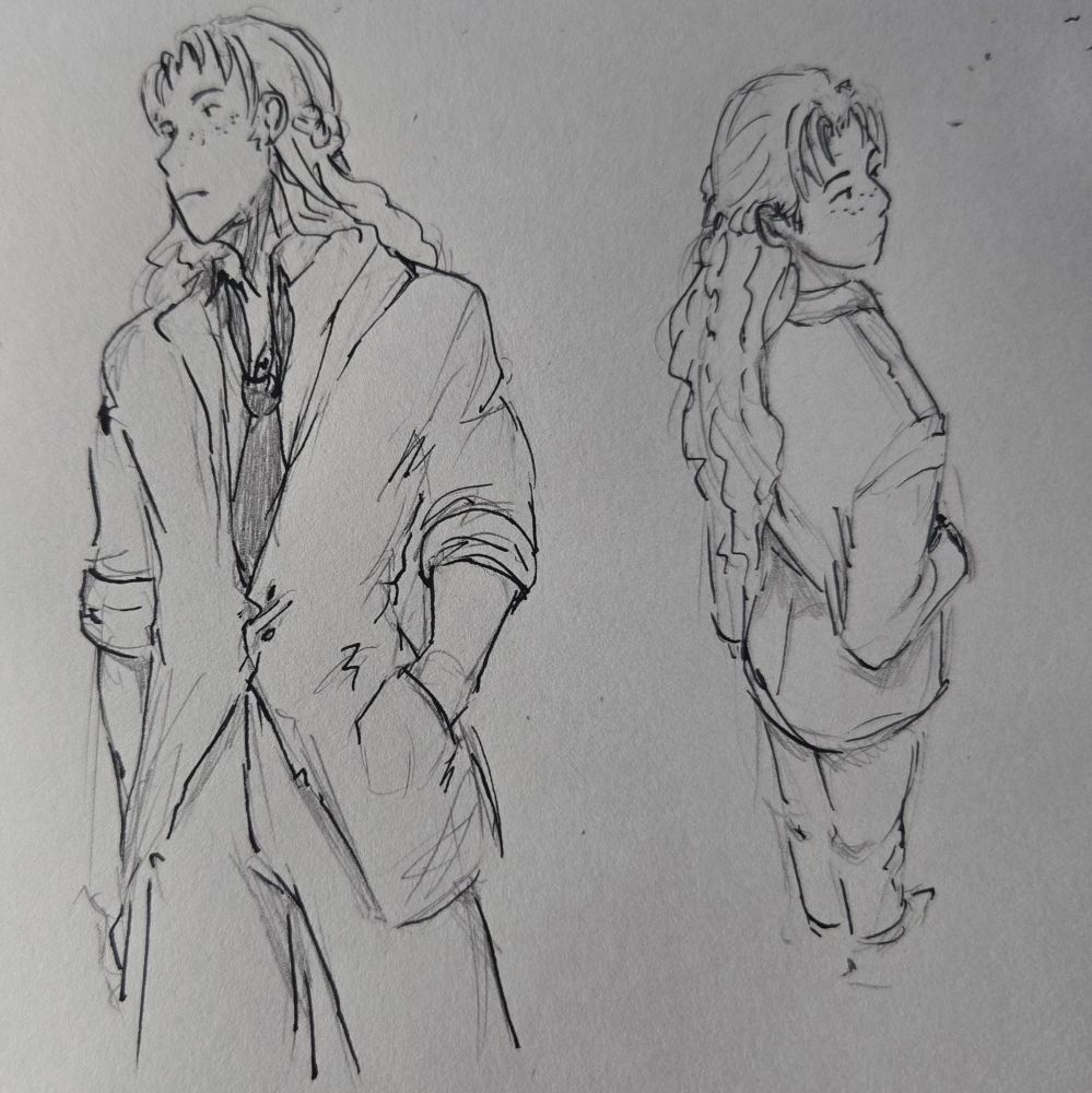 Two views of a man with long wavy hair and wearing his suit loosely