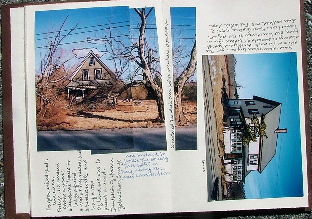 An open sketchbook with a collage of color photos overdrawn with photo retouching tools and notation in ball point pen, the images are of abandoned and overgrown houses.