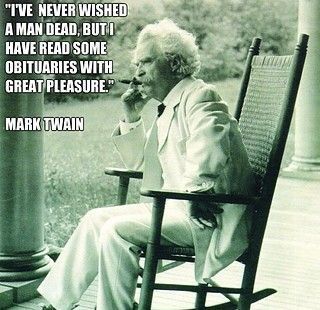 Photo of Mark Twain in a rocking chair. text: 