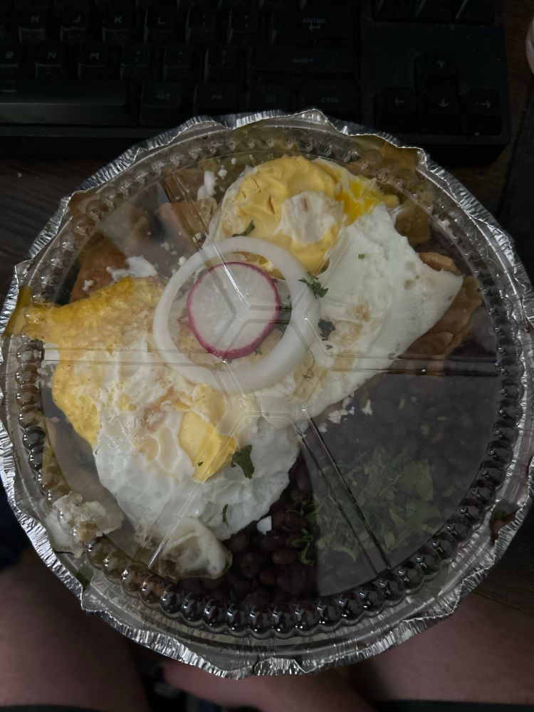 beautiful sexy chilaquiles with over easy eggs, topped with onion and one slice of crisp radish