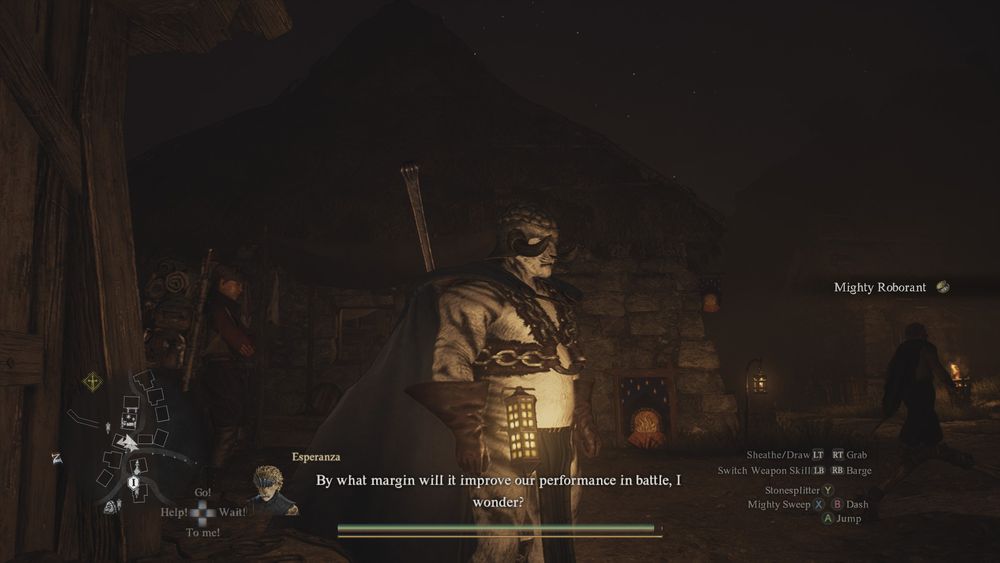 Screenshot from Dragon's Dogma 2. The player character is a white tiger-like furry dressed in stereotypically revealing 'barbarian' garb. A party member comments on a new equipment purchase.