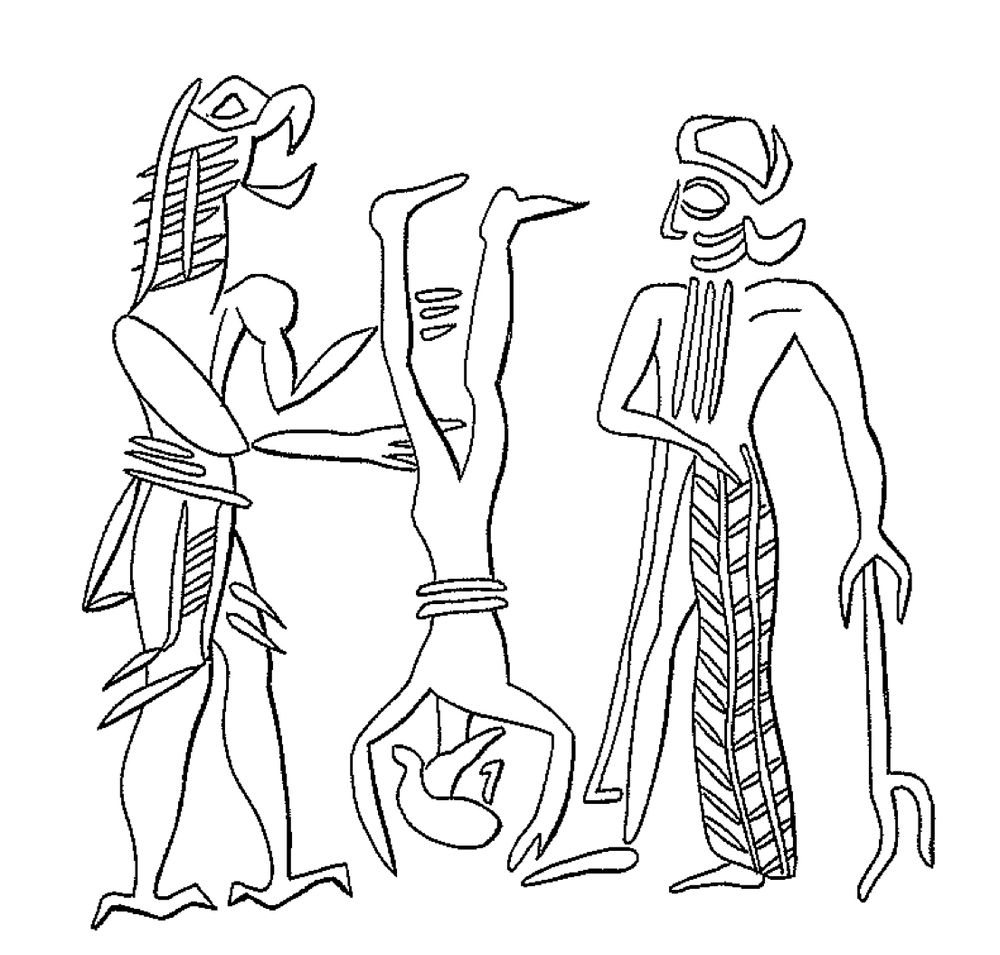 Image of Nergal, Mesopotamian god of the underworld, instructing a demon in punishing a sinner. 