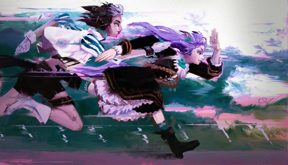 art of Mejiro Mcqueen and Mejiro Ryan from sports game Umamusume, running