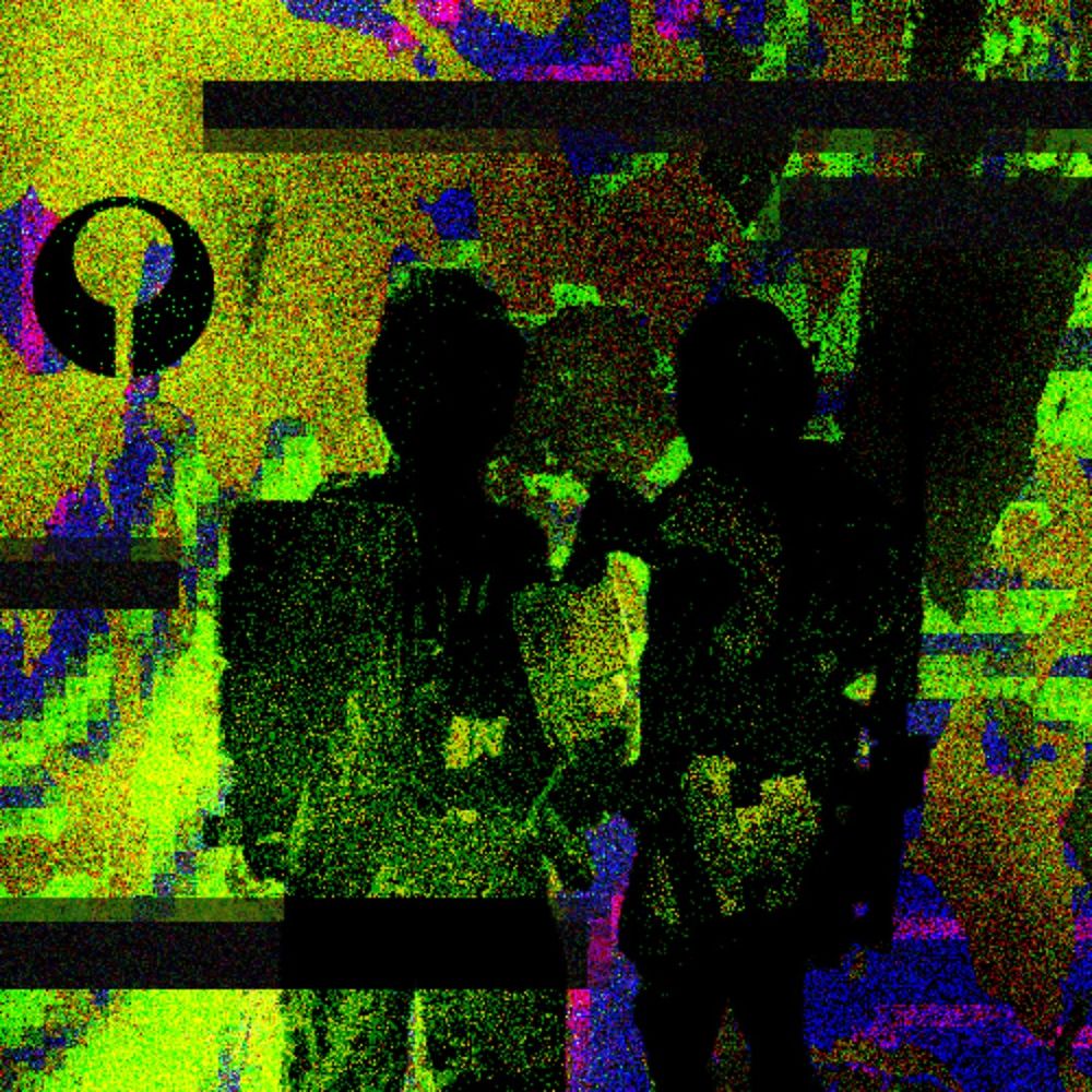an image stylized to look heavily digitally corrupted featuring to figures.
the figures seem to blend with the messy greens, blue and pink of the rest of the image. the whole image has heavy gaussian noise. black bars cut in from the left and right, and the Marathon logo is featured near the top left corner.