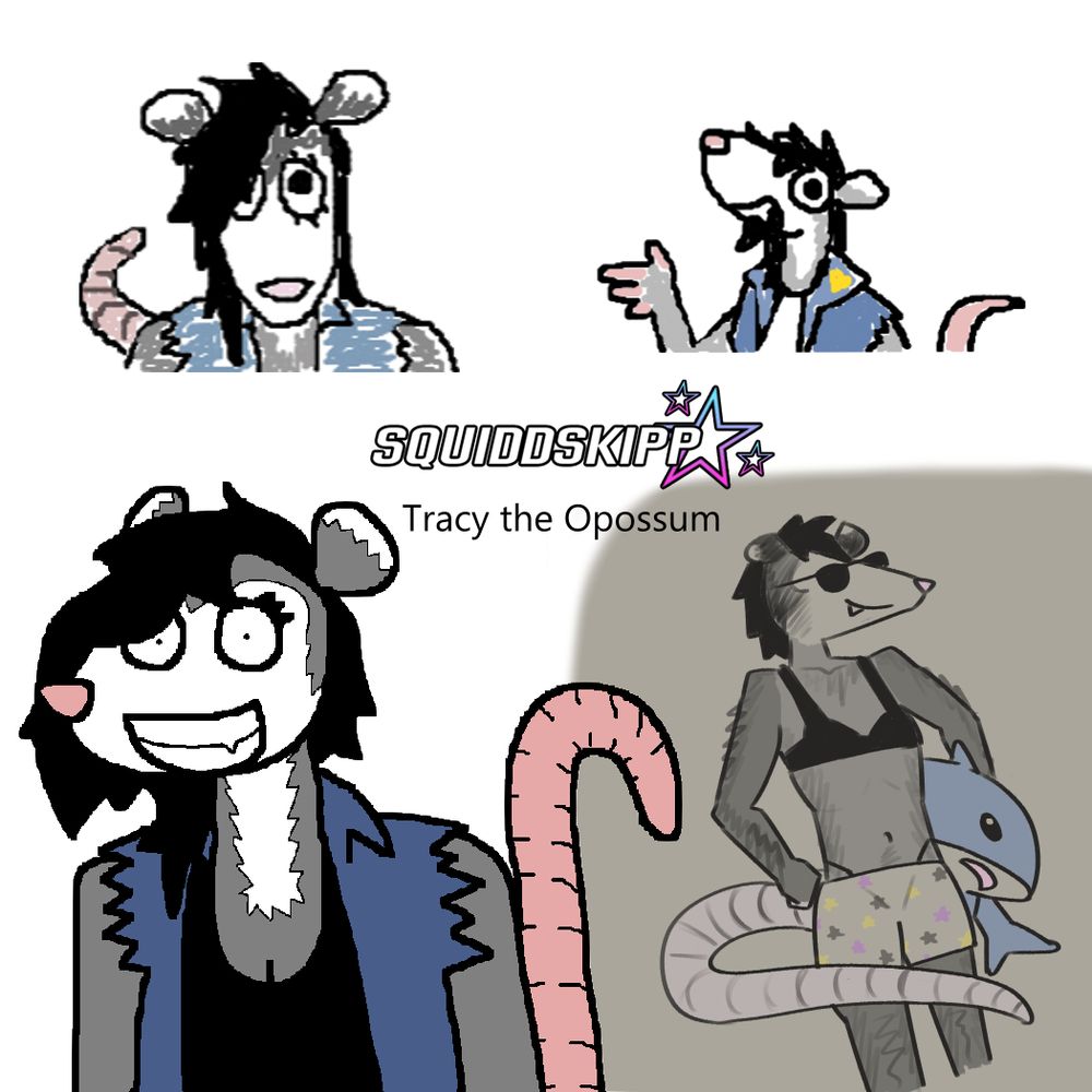 a collage of drawings of an Anthro Opossum Named Tracy
she has mid length to long black hair that hangs to the right side of her face, she has prominent eyelashes, grey fur that forms a widows peak and sideburn shapes on her head, her ears are grey with white tips, her nose and tail are a muted pink along with her fingers. she wears a denim jacket(the sleeves are cut off)