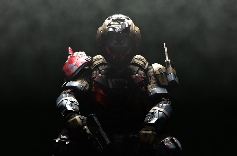 A 3d render of Spartan Hieu Dinh from Halo, cloaked in darkness and smoke, sitting holding two pistols.