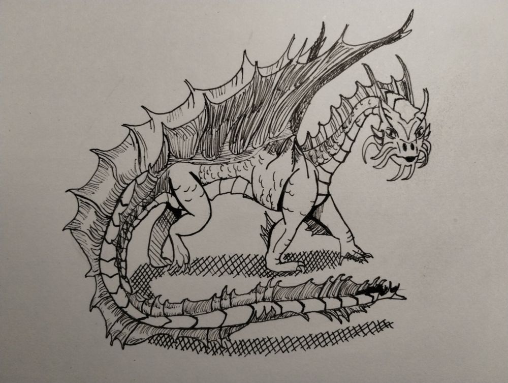 "The dragon has large, smooth, twin horns that sweep back from its nose and brow. Twin frills adorn its long neck, and whiskers around its mouth look like the barbels of a catfish. It's saillike wings start at its shoulders and race down to the tip of its tail. The dragon smells of saffron and incense, and its scales glisten like polished gold."
