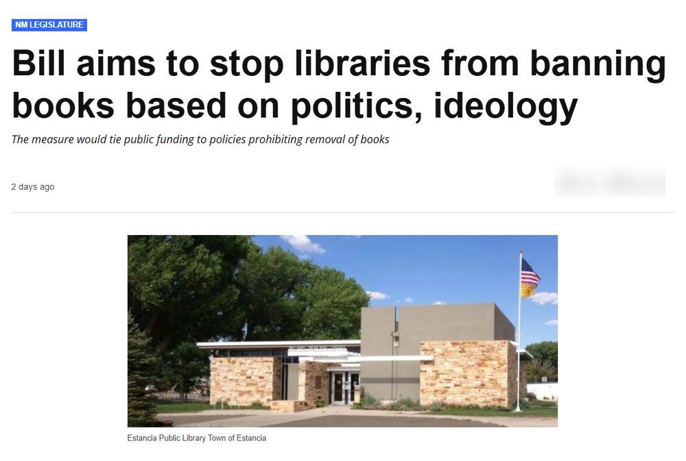 Screenshot of news article headlined: "Bill Aims to Stop Libraries from Banning Books Based on Politics, Ideology"