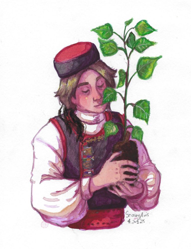 Watercolour painting of me wearing folk clothing from Knin area and holding a young poplar tree sapling. I am wearing a white shirt, a black vest with red and gold embroidery, and a cylindrical cap with red top and black sides. I am holding the plant with both hands and look peaceful while looking down at it, looking like my eyes are almost closed. The signature says "SnowyAvis, 4. avg. 2025"