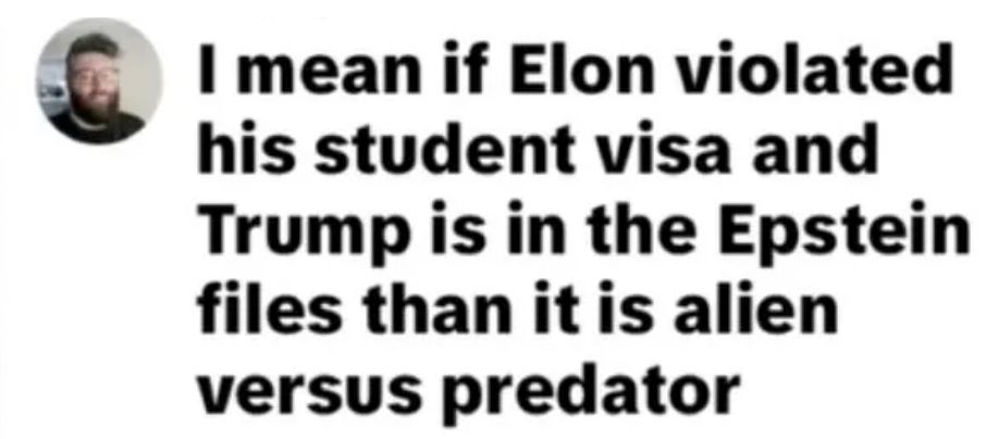I mean if Elon violated his student visa and Trump is in the Epstein files than it is alien versus predator