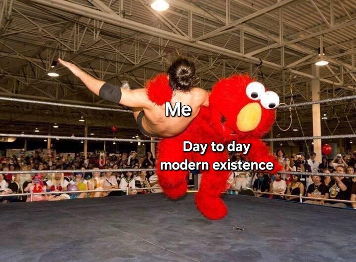A wrestling match scene where a person is being slammed to the ground by someone in a giant Elmo costume. The labels read “Me” on the person being body slammed and “Day to day modern existence” on Elmo. 