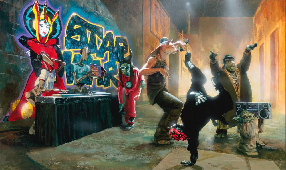 Key alien characters from the movie The Phantom Menace rapping and breakdancing in an alley street party 