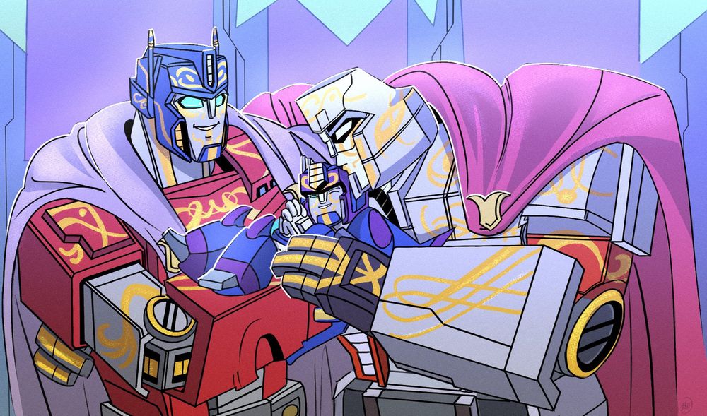 Fanart of Cyberverse Megatron and Optimus Prime with their daughter, Andromeda. All three are decorated with golden paint swirling over their armor. Megatron has a red cape clasped to his shoulders and is leaning down to kiss Andromeda's helm, while Optimus has a purple cape and is holding Andromeda. This fanart is loosely based off the finale of the fanfiction, "Two Matrices", where Megatron and Optimus get married with their daughter in attendance.