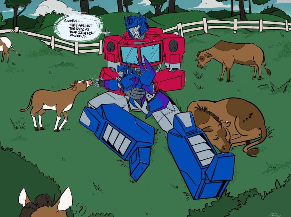 Fanart of Earthspark Optimus Prime with his and Megatron's daughter, Andromeda. Both are in a pasture with cows. Andromeda is reaching out to boop a cow's nose, while Optimus jokes with her and says, "Careful. They are not the same as your stuffed animals."