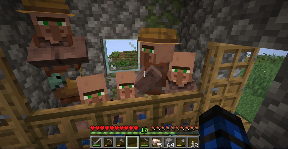 Five Minecraft villagers are stuck in a water trough in a village house