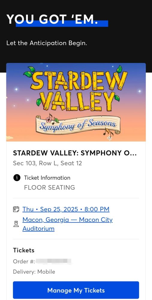 A screenshot of my receipt for my ticket to the Stardew Valley: Symphony of Seasons concert