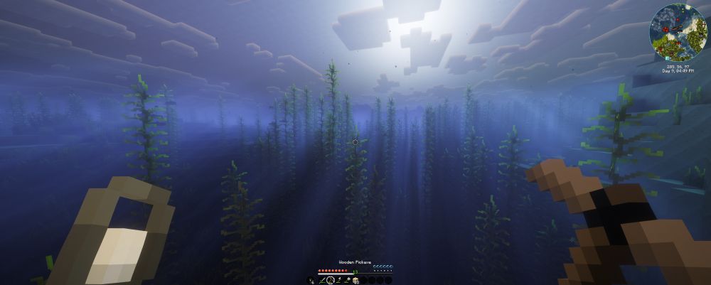 a screenshot of minecraft using graphical shaders showing godrays while submerged underwater, in front of a forest of seaweed.