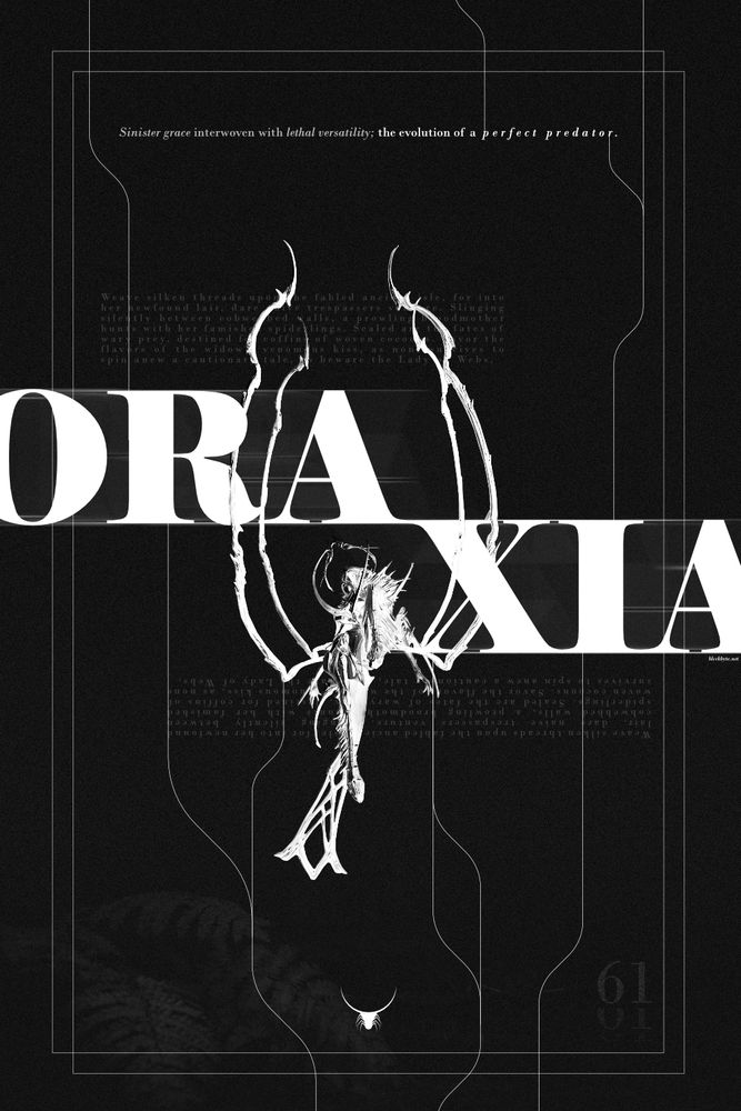 graphic art depicting a black and white render of Oraxia from Warframe on a black background, with her name in big white bold serif type.