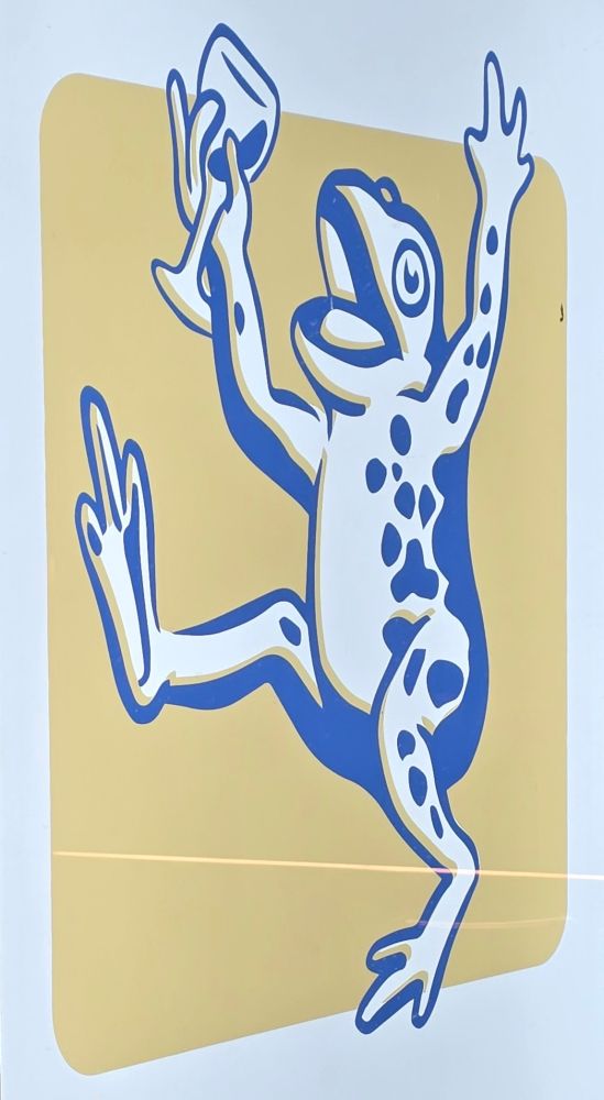 Photo of a logo of a frog skipping for joy in the air with a wine glass in its hand and it's mouth open. The logo consists of simple soft colours and design. The panel the logo on is tilted to the side and there is minor reflects from the glass on it.