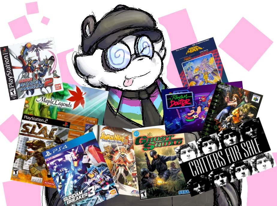 A fluffy panda in a suit and tie, their undershirt being rainbow colored, wearing a pair of swirly glasses and a gray Greek fisherman hat.
10 video game boxes and screenshots surround them.
In order of left to right:
- Gundam Battle Assault 2 (PS1)
- MapleLegends (PC)
- S.L.A.I. Steel Lancer Arena International (PS2)
- Gundam Breaker 3 (PS4)
- Summon Night: Swordcraft Story 2 (GBA)
- Ghost Squad (Wii)
- Critters For Sale (PC)
- Sin & Punishment (N64)
- Rhythm Doctor (PC)
- Mega Man (NES)

The background consists of a flat white backdrop, a couple of pink cubes floating around.