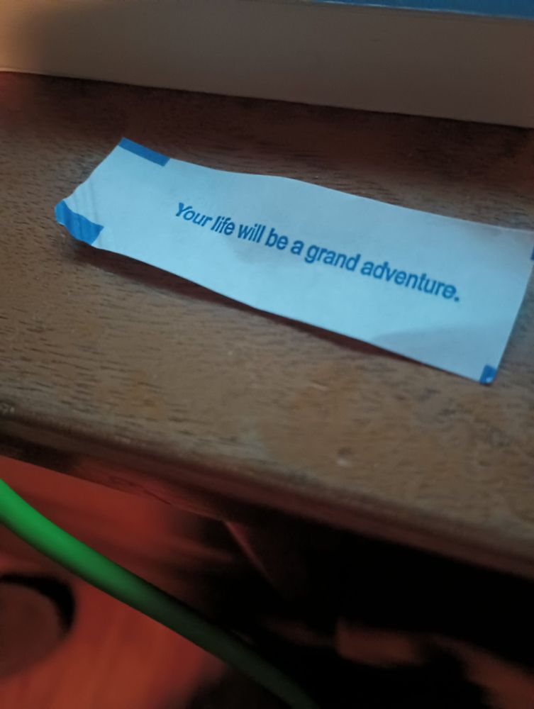 a slip of paper from a fortune cookie that reads "your life will be a grand adventure"