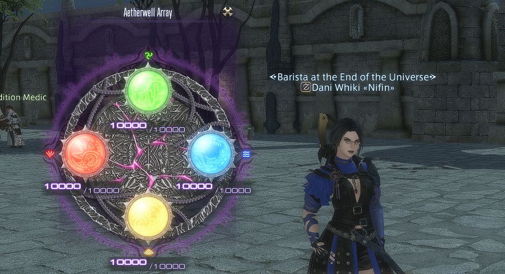 A Female Hyur Gunbreaker poses with four full Aetherwells, finishing the current Relic Grind.  