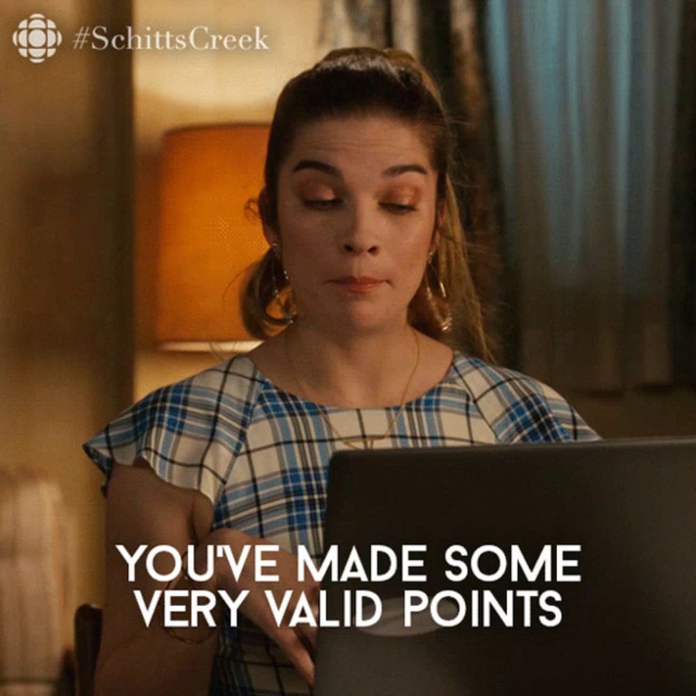 a woman sitting in front of a laptop with the words " you 've made some very valid points "