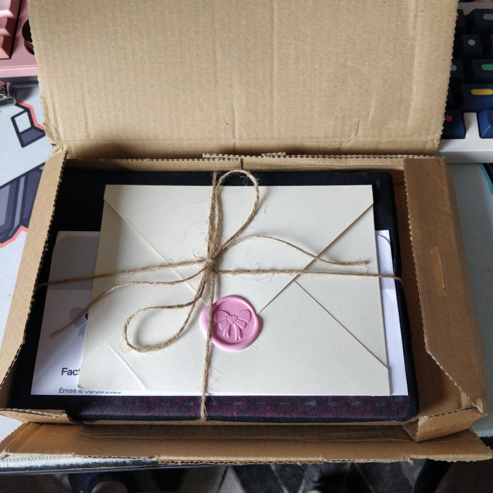 un colis ouvert dans lequel se trouve une lettre scellée par un sceau de cire rose représentant un ruban, au dessous de laquelle se trouve une facture pliée ainsi qu'un carnet emballé dans un papier délicat