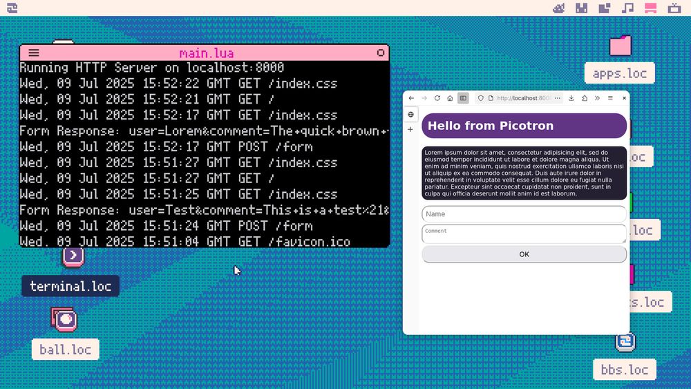 A screenshot of an HTTP server running in Picotron.

There's an access log in a Picotron window, and a browser window next to it displaying a webpage. There is a form on the page, and the form's submission is shown in the access log.