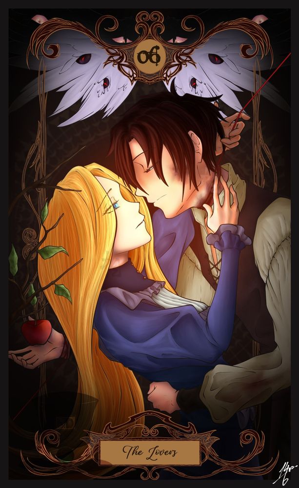 Tarot Card of the Lovers. A lady in blue and purple dressing looking with either pity or sadness, or maybe worry, at a man dressed more commonly in brownish clothes, wearing a seemingly indifferent expression. One of the lady's hands is gently touching the man's neck, wrapped with a red thread that she touches with her other hand. The man is holding her by the back while his other hand reaches for an apple which branches seem to grow from her hair behind her back. Above them both is a pair of wings, within the frame the feathers are of a purplish white with dark eyes peeking out with red irises, outside the frame, the feathers are dark, with pastel shining eyes. All looking at the two.