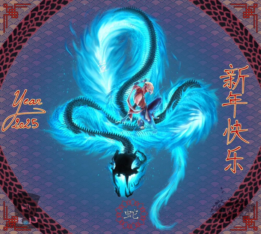 An eccentric man being fancy on a blue fire snake, putting on a show for the Chinese New Year 