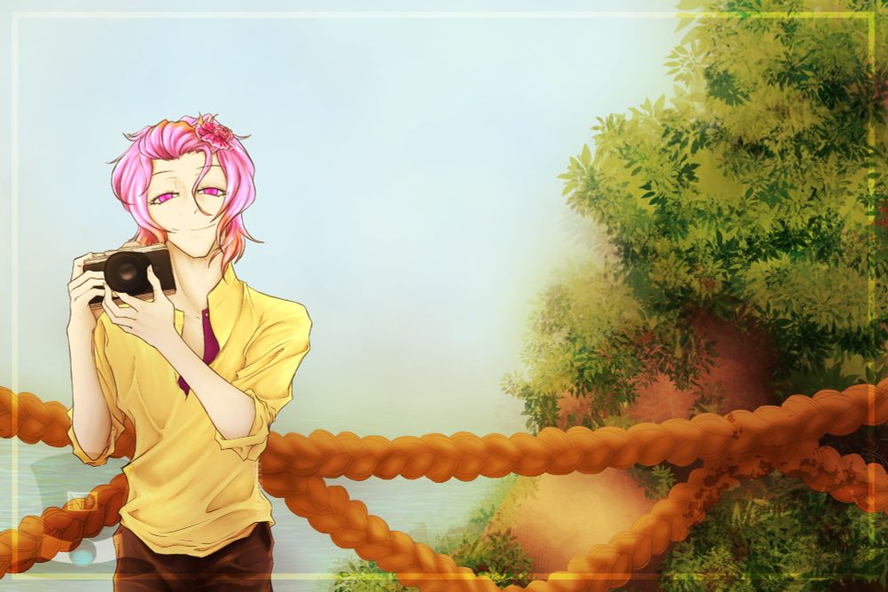 A vampire boy travelling with a lover and taking a picture of them content Warm colors