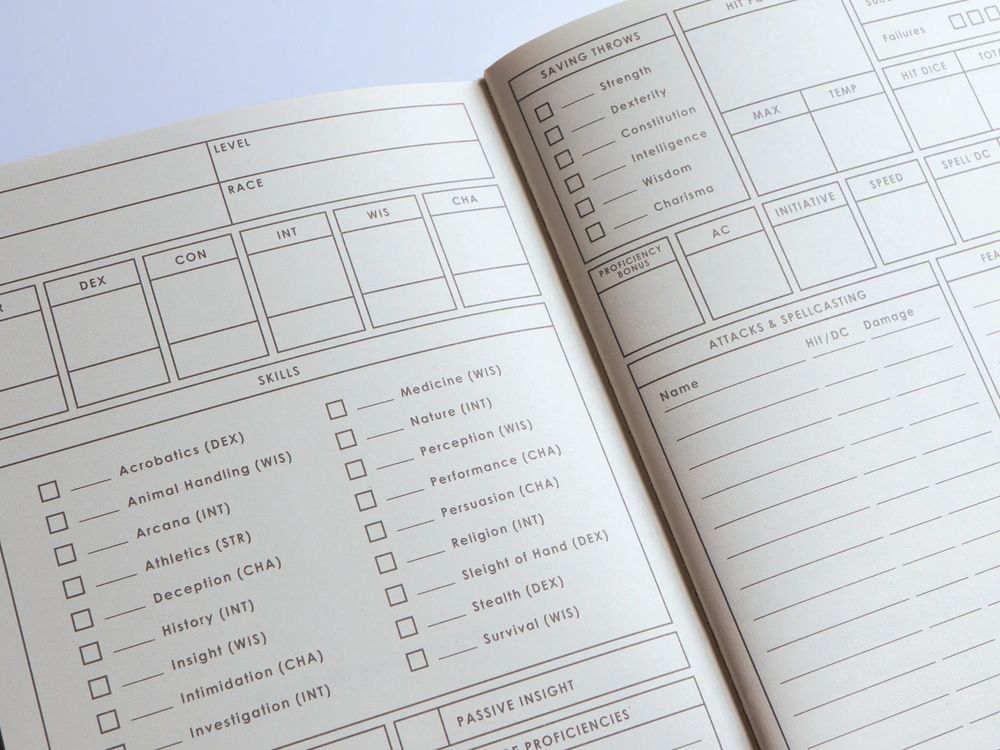 Closeup of an interior notebook page showing the character sheet section for skills.