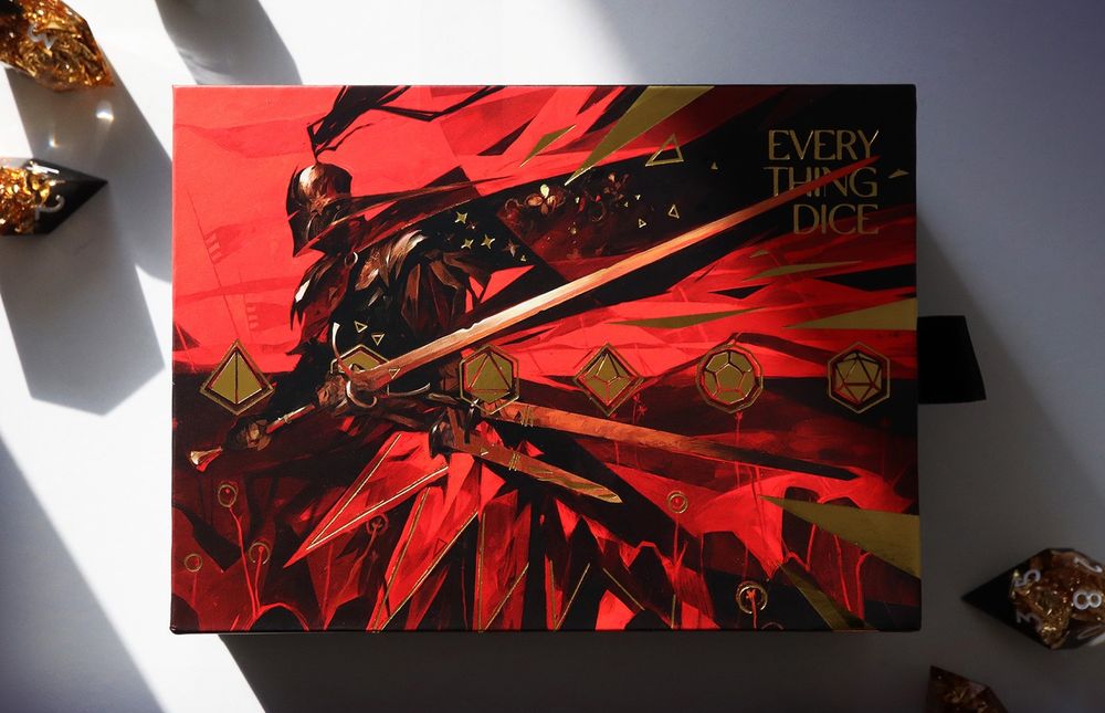 Rectangular dice vault with an illustration by Dominik Mayer of a dark knight with a dark sword. The background and primarily color of the piece is red and black, with accents of gold including 6 golden dice shapes.