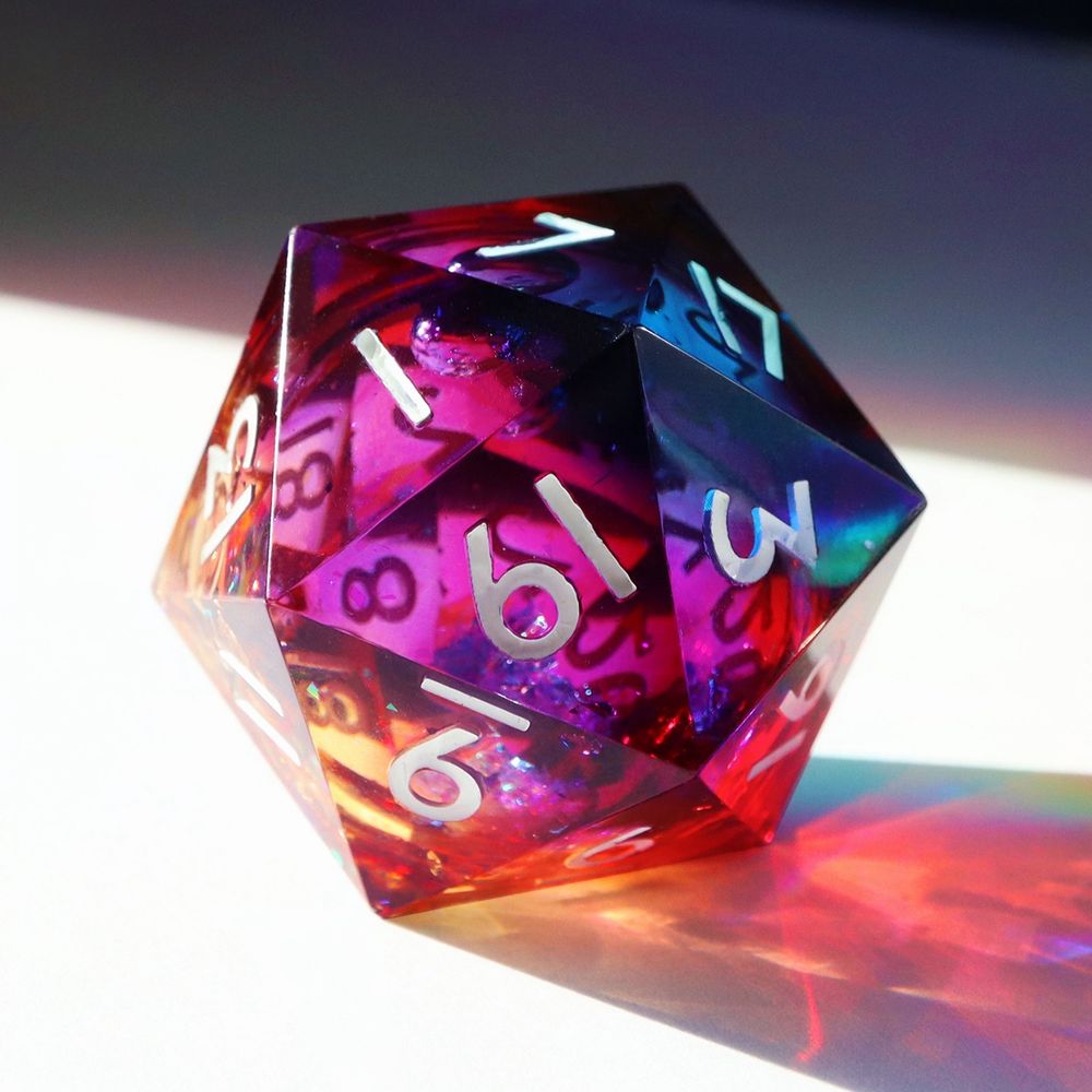 Closeup of a liquid core 40mm D20. The die is a mix of transparent red, yellow, and blue resin that resembles a bold sunrise. The liquid core within is filled with glitter. The numbers on the die are white.