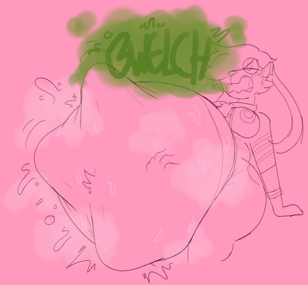 An image of Jackie, an alien moonrabbit, sitting back with a squirming vore gut, sweaty and steamy as it is freed from her stuffy spacesuit. It lets out a large belch, eyelids drooping as she doesn't seem to care much about her manners.