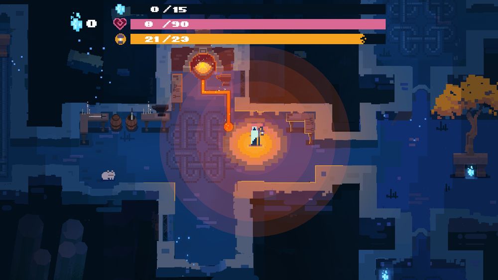 A close up of a forge room featuring an early character placeholder design, exploring how much the player might be able to see at any given time once out of building mode and colours working together.
