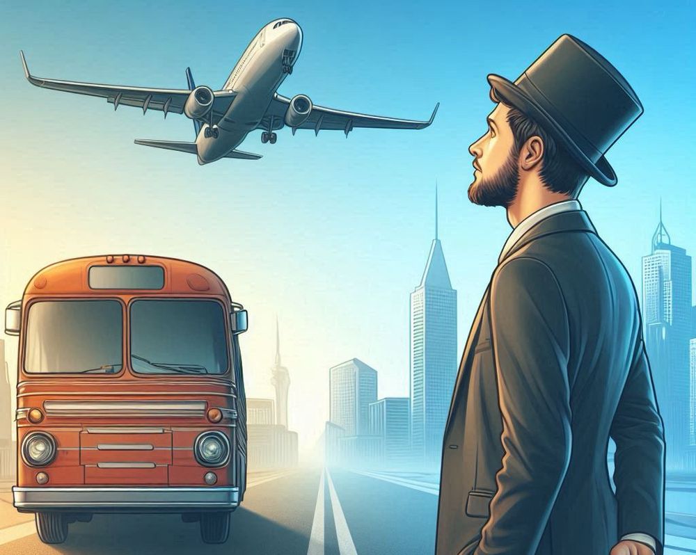 Bing created: A man looking wistfully at a bus on the left side of the image, symbolizing the past, and at an airplane on the right side, symbolizing the future, announcing a job change