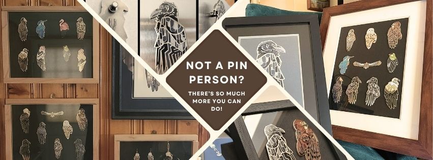 An image collage showing Visionary Vultures pins framed in shadow boxes and as magnets hanging on a fridge
