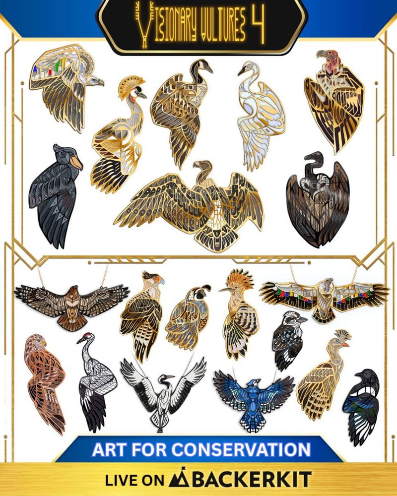 An image showing many stylized art designs of bird pins and pendants 