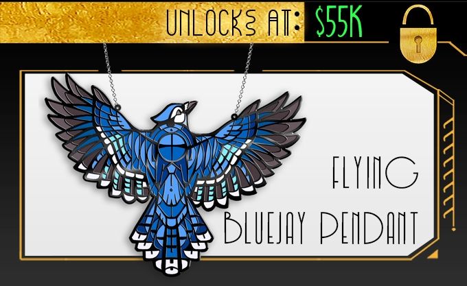 A graphic featuring a stylized flying Blue Jay pendant necklace
