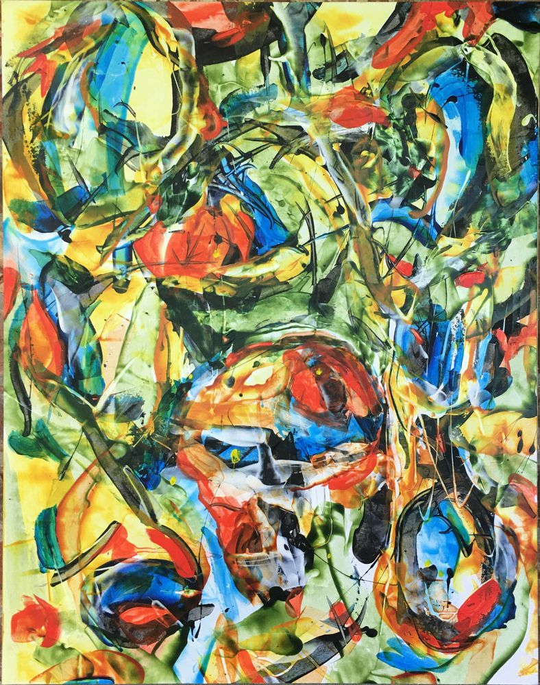 gestural abstraction in reds, yellows, blues, and greens, with organic shapes.

©Michael B Patterson, 2025